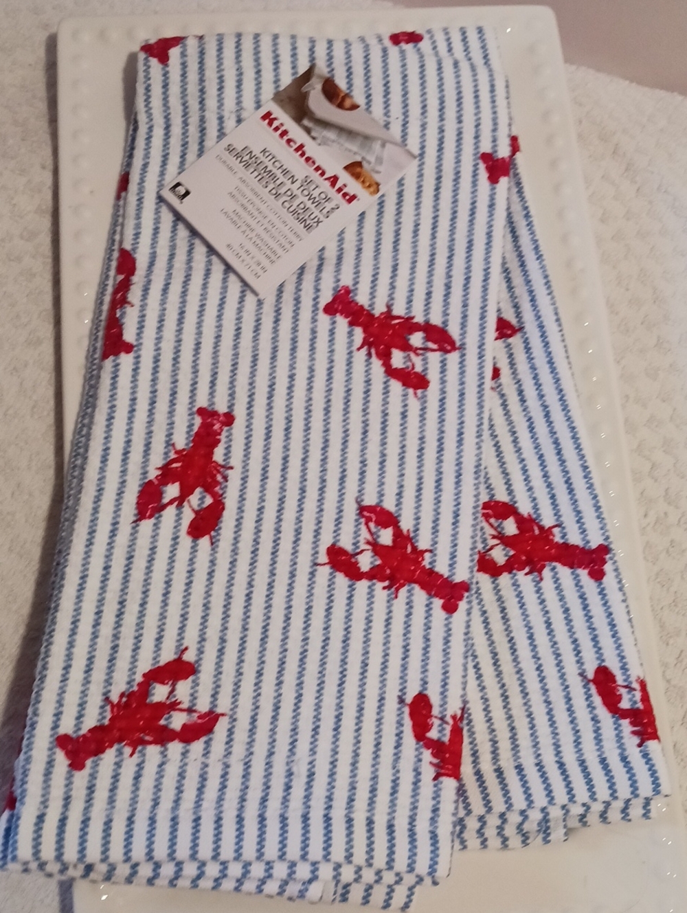 KitchenAid Blue & White Striped Kitchen Towels with Red Lobster Print 🦞